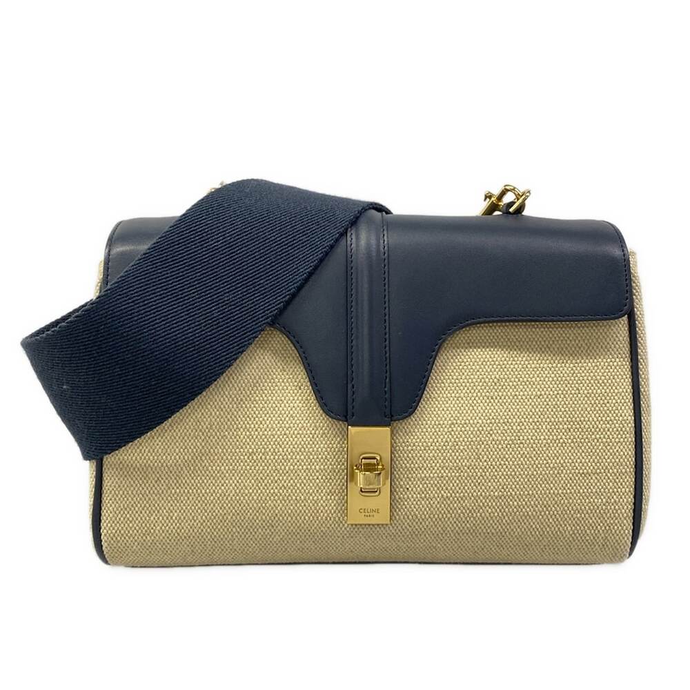 Celine Teen Soft 16 (Seau) Shoulder Bag 196852DJ9.01NA Beige Navy Fabric Leather